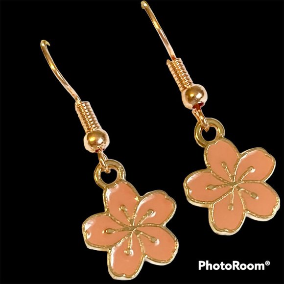 Hibiscus Flower Earrings Rose Gold Plated Enamel Peach Pink Dangle Dainty Island - Picture 6 of 12